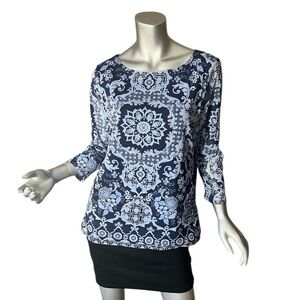 Charter Club Large Printed Mesh Top Intrepid Blue 3/4 Sleeves Blouse